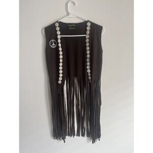 Vintage Underwraps Vest Costume Womens Brown Hippie Fringe Daisy Peace Sign Boho